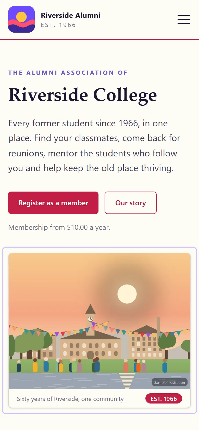 Home page of the sample Riverside College alumni association on a phone: the college name, Register as a member and Our story buttons, a line saying membership is free and a campus illustration