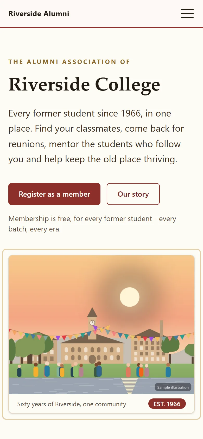 Riverside College Alumni Association home page: hero illustration of the campus, a stats band reading 1966 founded, 60 years of history and 130 members, and the latest news cards