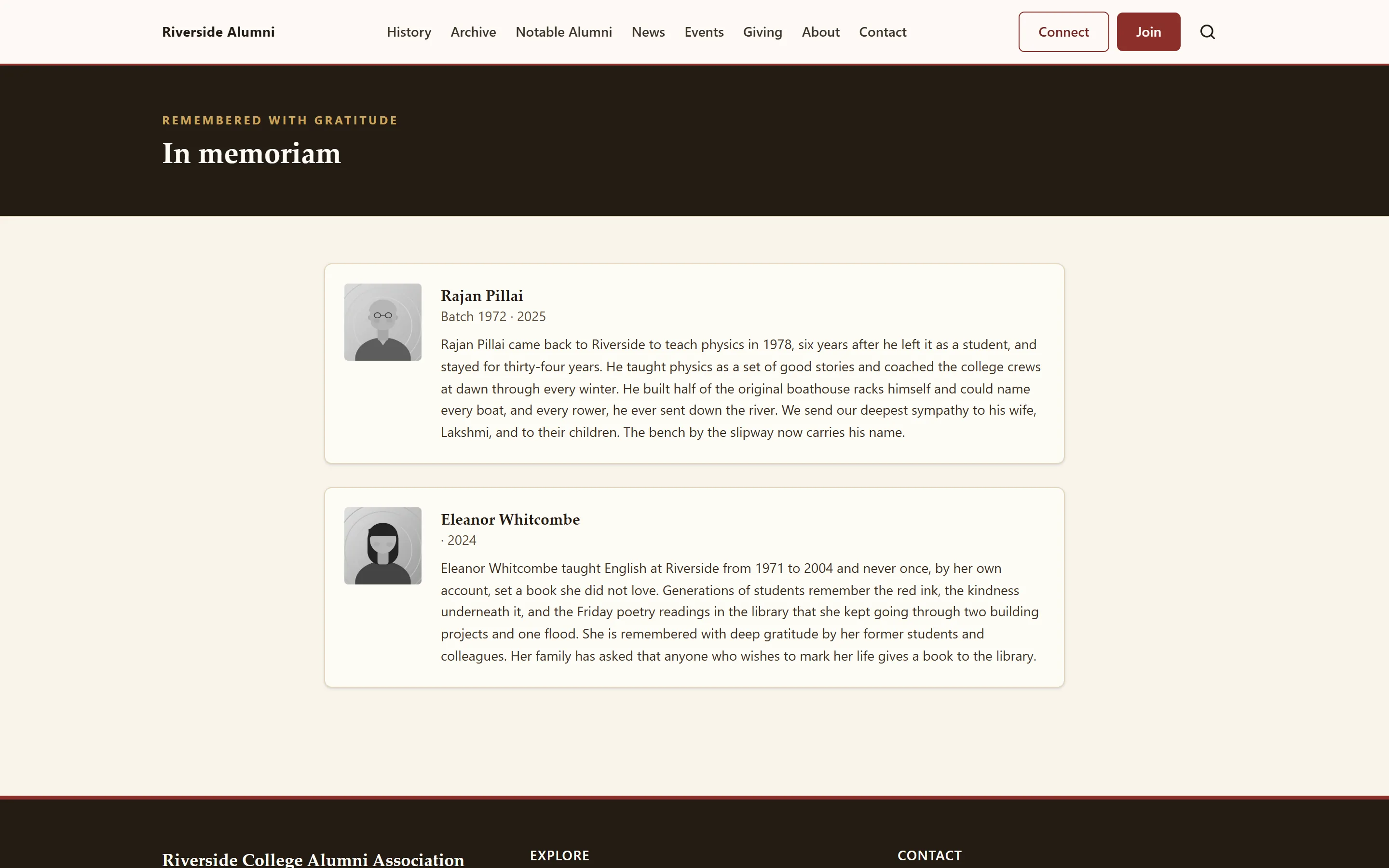 The In Memoriam page in the demo, with two tributes
