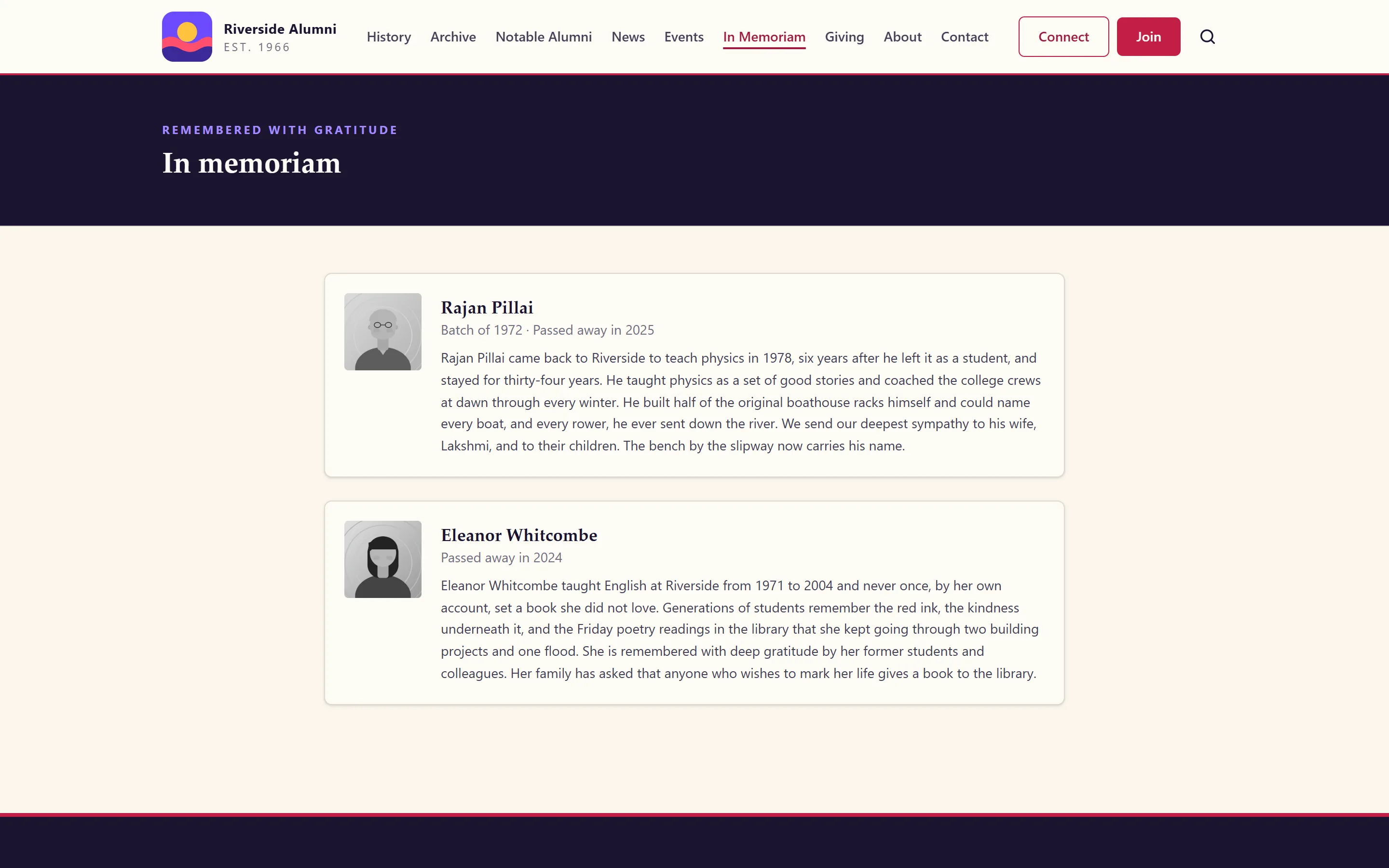 In Memoriam page with tributes to two much-loved former teachers