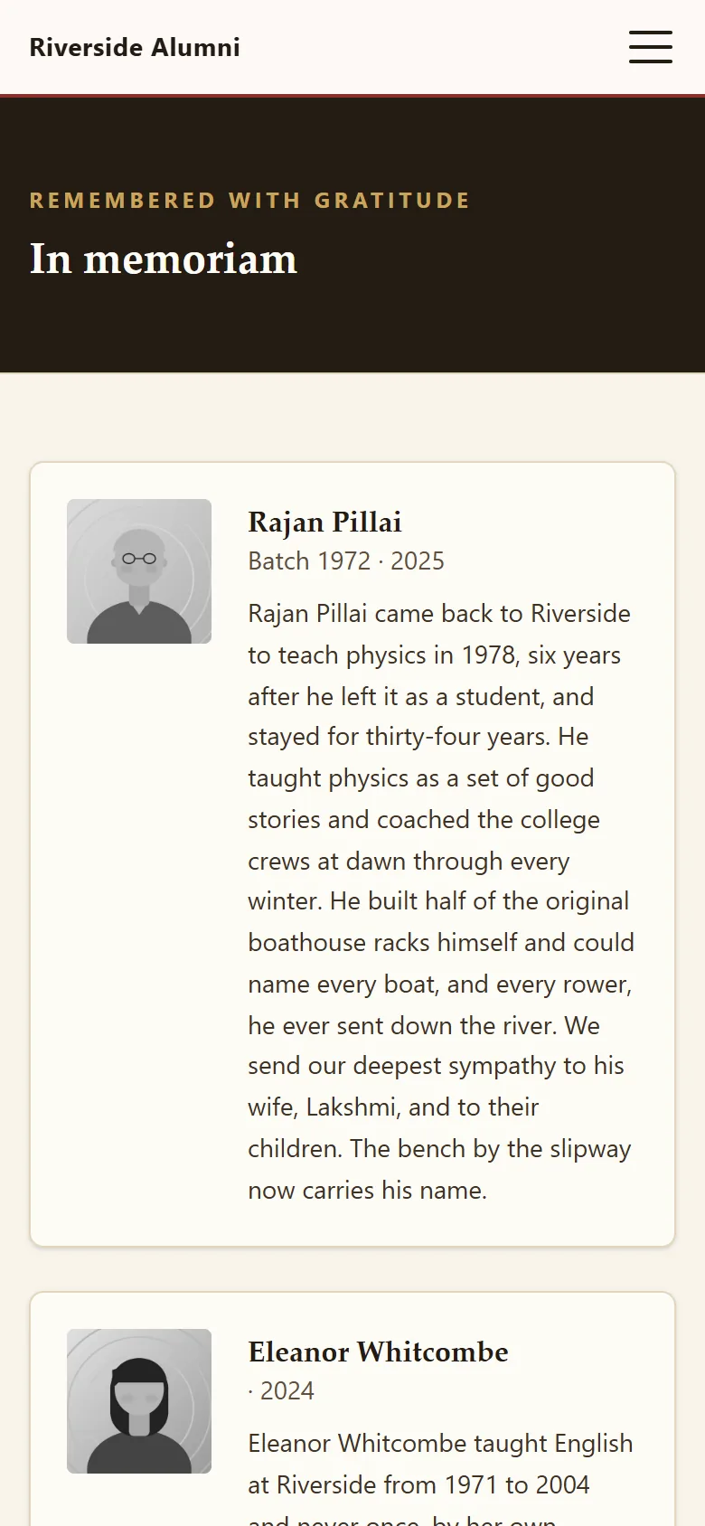 In Memoriam page with tributes to two much-loved former teachers