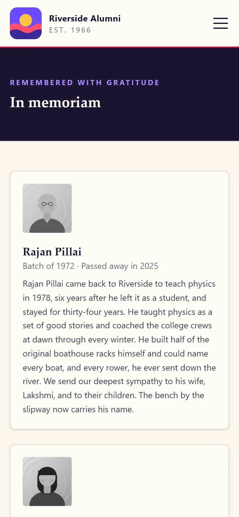 In Memoriam page on a phone with a tribute to a much-loved former teacher