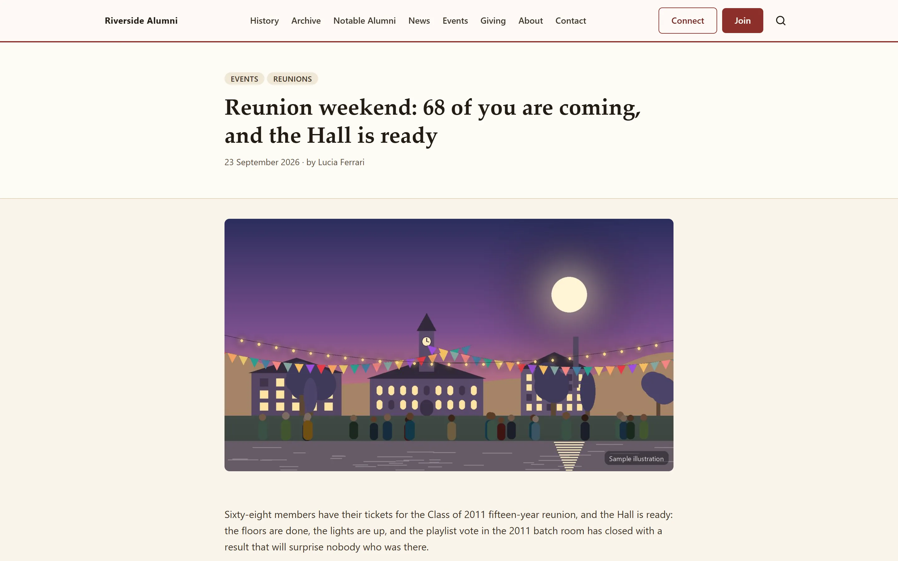 A news article about the reunion weekend with a cover illustration, category chips and the author
