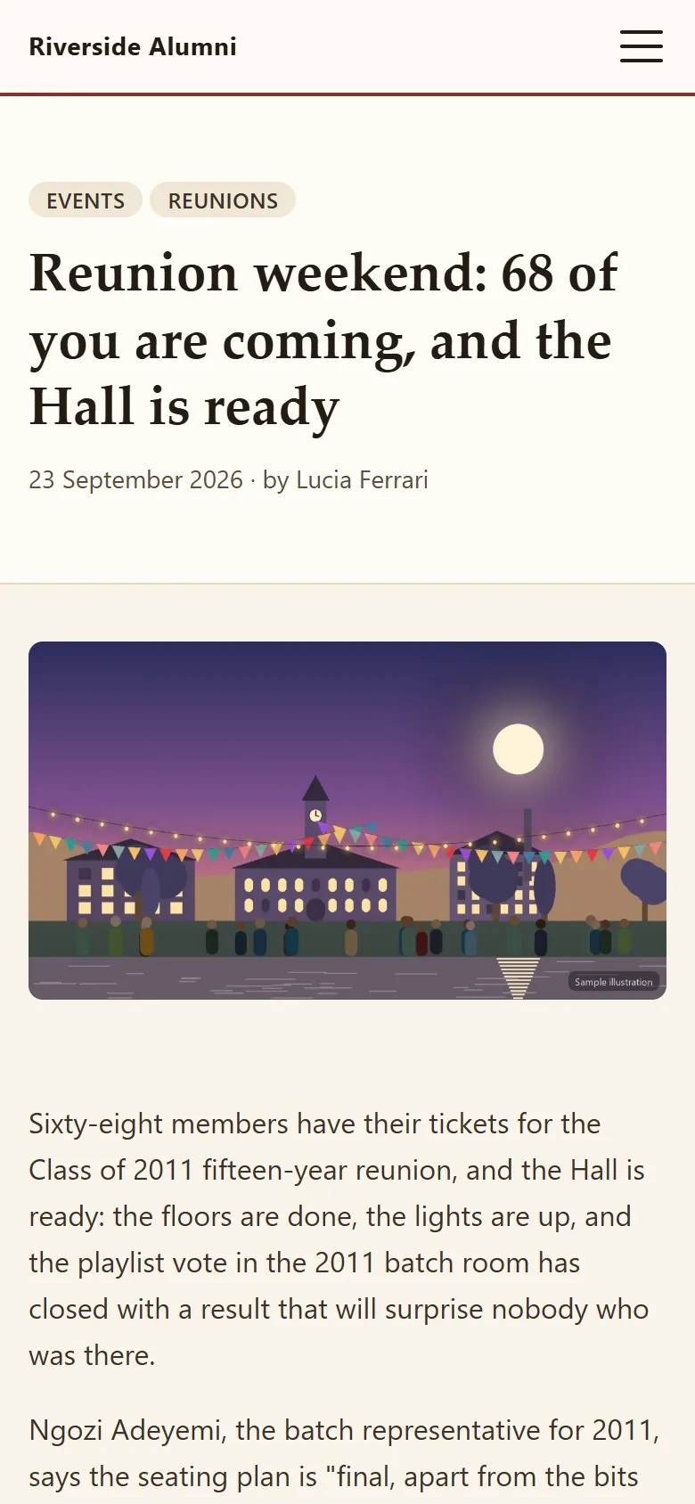 A news article about the reunion weekend with a cover illustration, category chips and the author