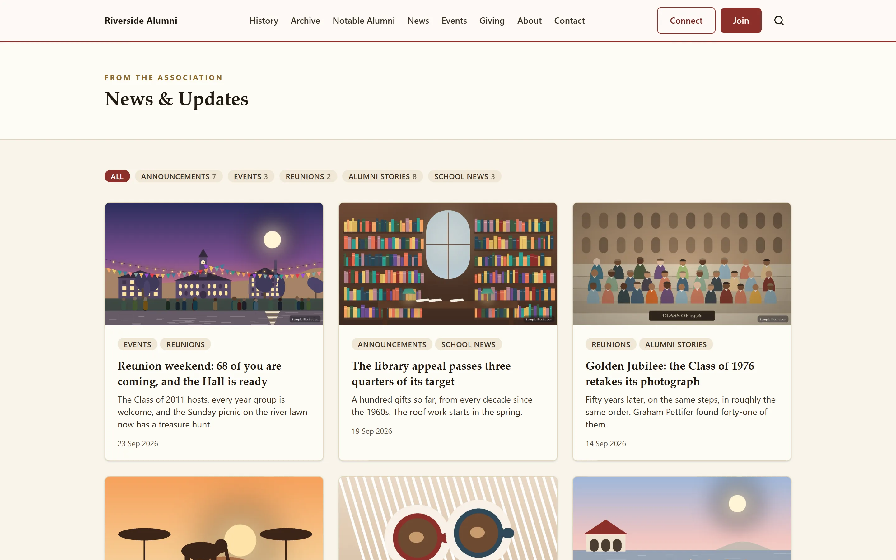 News and updates listing with illustrated cover images, categories, excerpts and dates