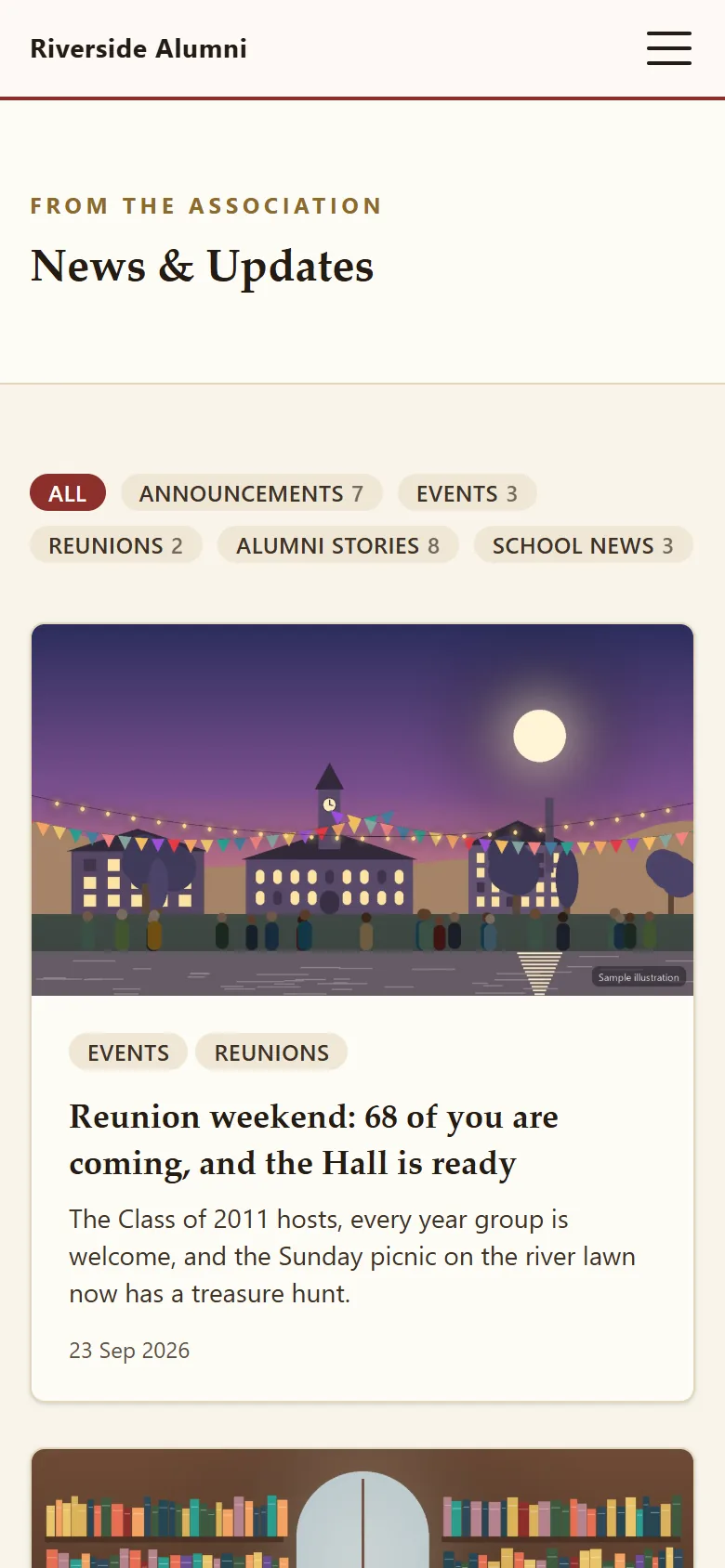 News and updates listing with illustrated cover images, categories, excerpts and dates